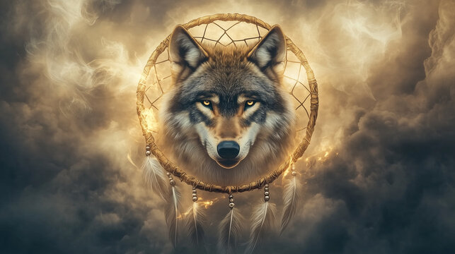 Majestic wolf's head surrounded by a dreamcatcher
