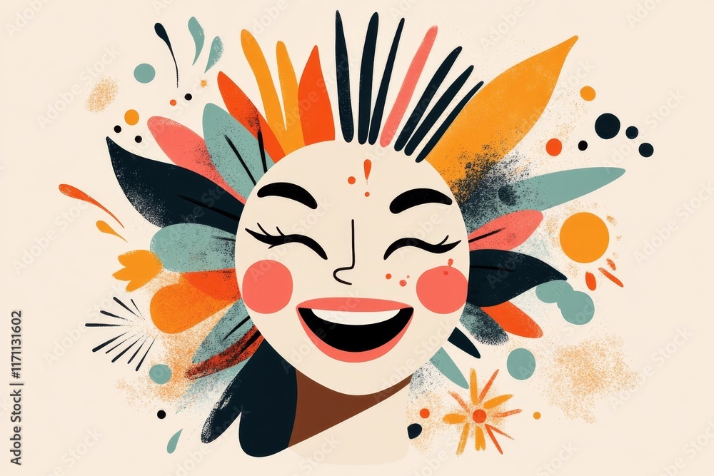 Poster A flat design of a laughing face with abstract sunburst patterns emanating from it in warm colors