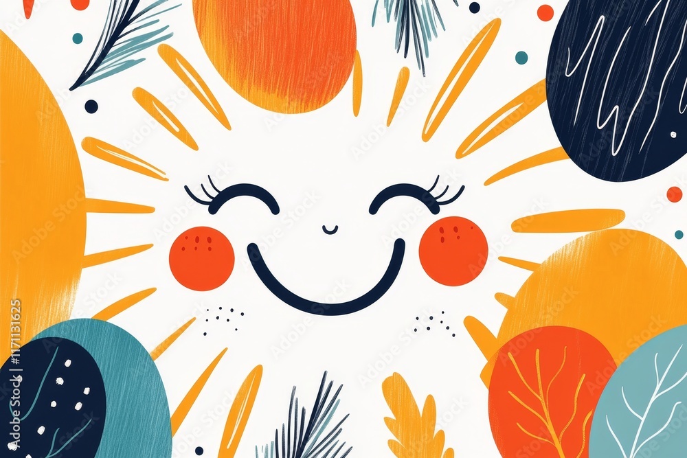 Aufkleber A flat design of a laughing face with abstract sunburst patterns emanating from it in warm colors