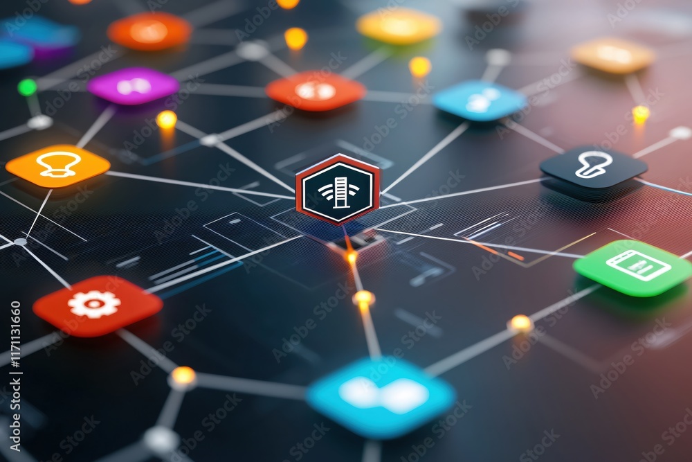 Poster network connection concept with colorful icons representing technology and digital communication