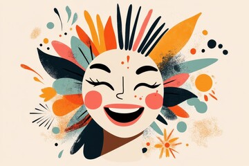 A flat design of a laughing face with abstract sunburst patterns emanating from it in warm colors