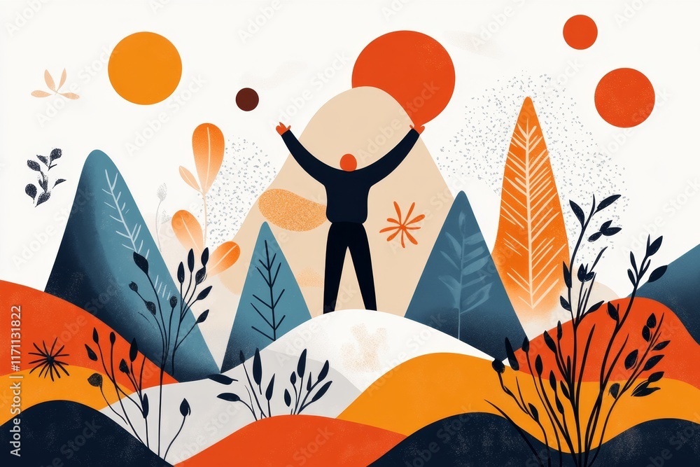 Poster a flat design of a person jumping for joy, surrounded by abstract shapes and bright colors, drawn on
