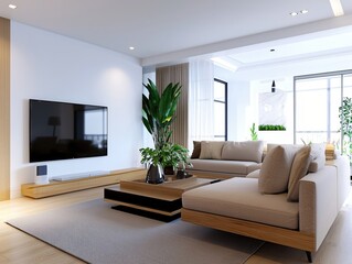 Fototapeta premium Modern Living Room Interior Design with Plants, Large TV and Cozy Furniture Arrangement