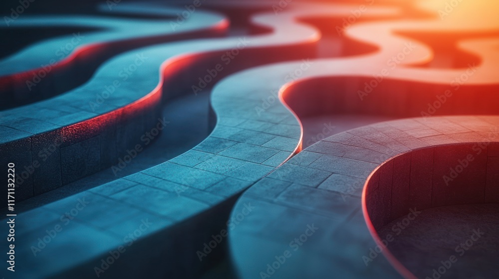 Poster abstract wavy pathways: a 3d render of intertwined teal and red pathways