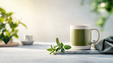 Green Mug with Fresh Mint Leaves on Marble Surface Surrounded by Plants in Natural Light