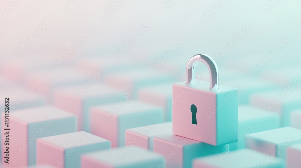 Poster modern concept of security with padlock on soft background of minimalist blocks