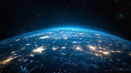 Fototapeta premium Stylized world map shows global communication network, with cities connected by lines in red, yellow, and orange on dark blue background. 