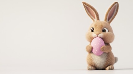 Obraz premium A cute brown bunny clutching a pastel pink Easter egg, displayed against a simple white background for a cheerful holiday theme.