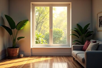 Fototapeta premium Soft morning light pours through the large window, soft illumination, window