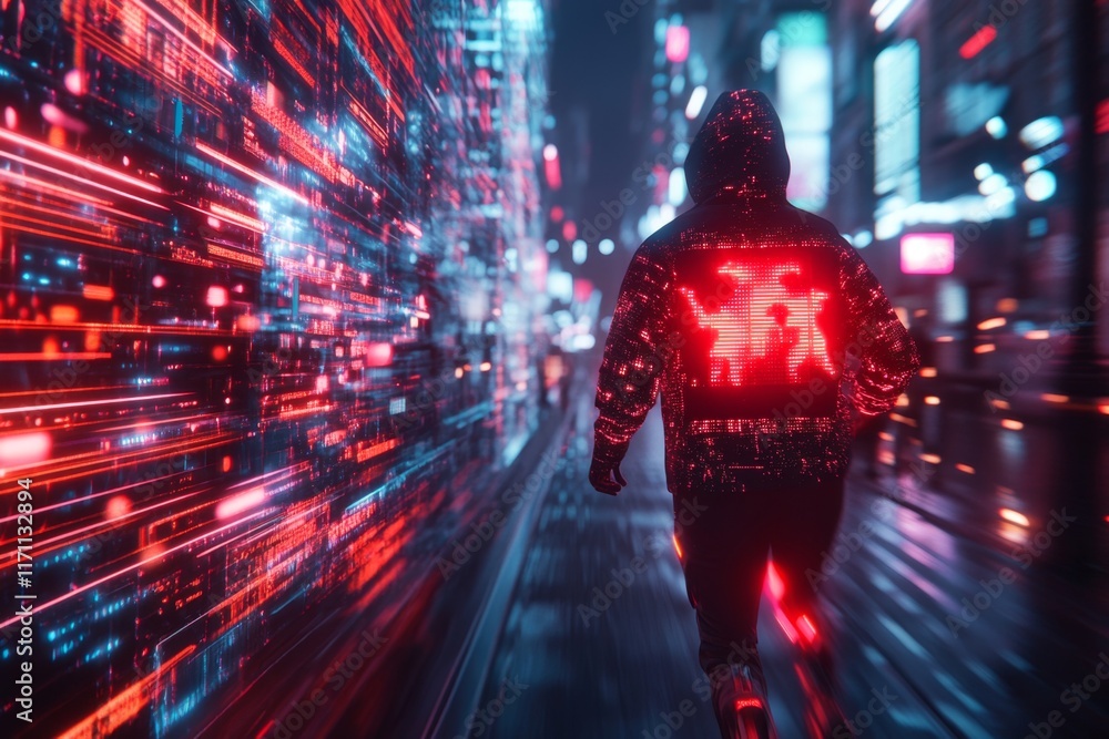 Poster A futuristic scene of a jogger wearing smart tech running gear, jogging on a glowing digital track in a high-tech cityscape