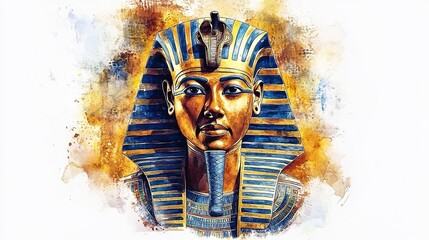 Watercolor Clipart, White background, ultra-detailed, hyper-realistic ancient Egyptian Pharaoh illustration