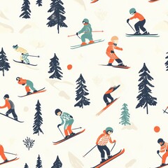 Repetitive seamless background of skier skiing for fabric design.