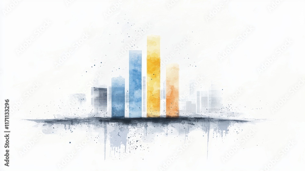 Poster abstract watercolor bar graph with cityscape background in soft colors