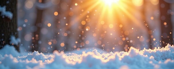 Softly falling snowflakes dance in warm sunlight, peaceful, serene, gentle