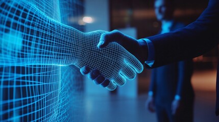 A digital handshake between a human and a holographic representation.