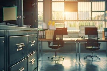 Sunlit modern office space with filing cabinets and desks.