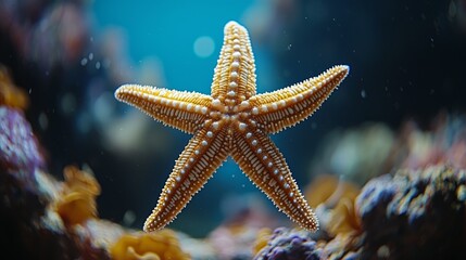 Close-up of a starfish in an aquarium, showcasing its texture and vibrant color against a blurred background.