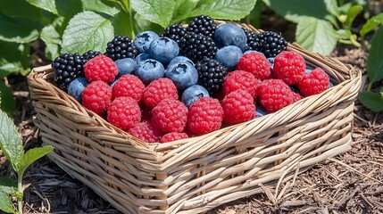 A basket of mixed berries with blueberries, raspberries, and blackberries