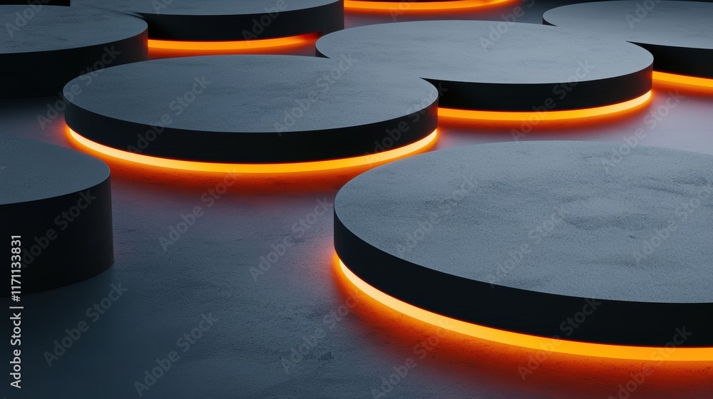 Poster abstract composition of circular platforms with glowing orange edges on dark background