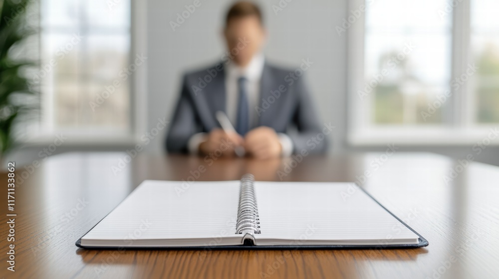 Poster open notebook on wooden table with businessman writing in background