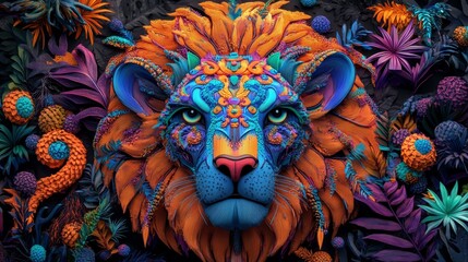 Majestic Lion Head Sculpture with Vibrant, Intricate Floral Patterns on a Textured Background