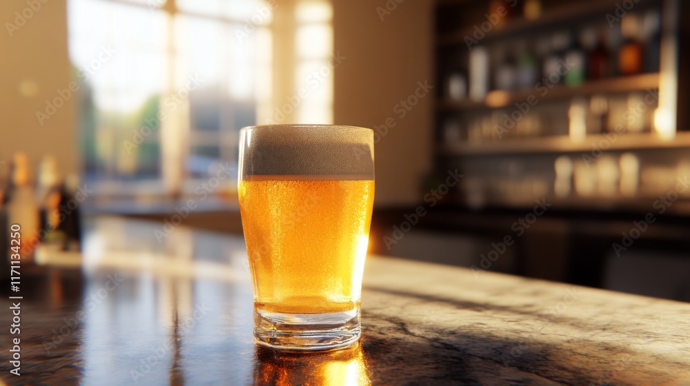 Poster a pint glass of golden beer with a foamy top, sitting on a marble bar counter with sunlight streamin