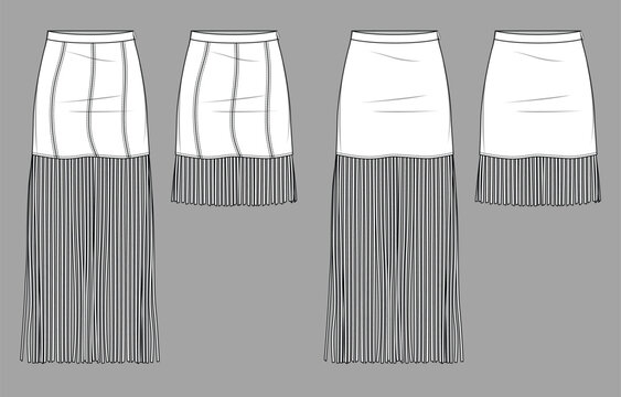 Vector mini skirt with tassel trim fashion CAD, summer woman slim fit skirt with fringe technical drawing, template, flat, sketch. Suede or woven fabric color block 2 pcs set skirt in white color