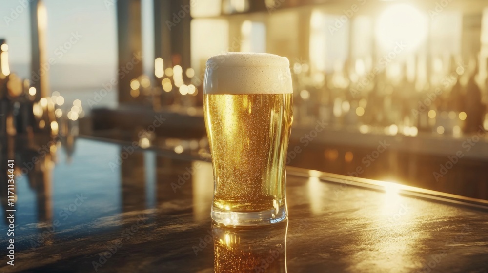 Poster a pint glass of golden beer with a foamy top, sitting on a marble bar counter with sunlight streamin