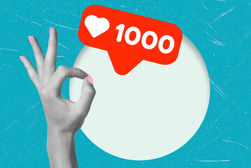 Hand gesture forming an okay sign highlighted by a notification of 1000 likes in a vibrant blue...