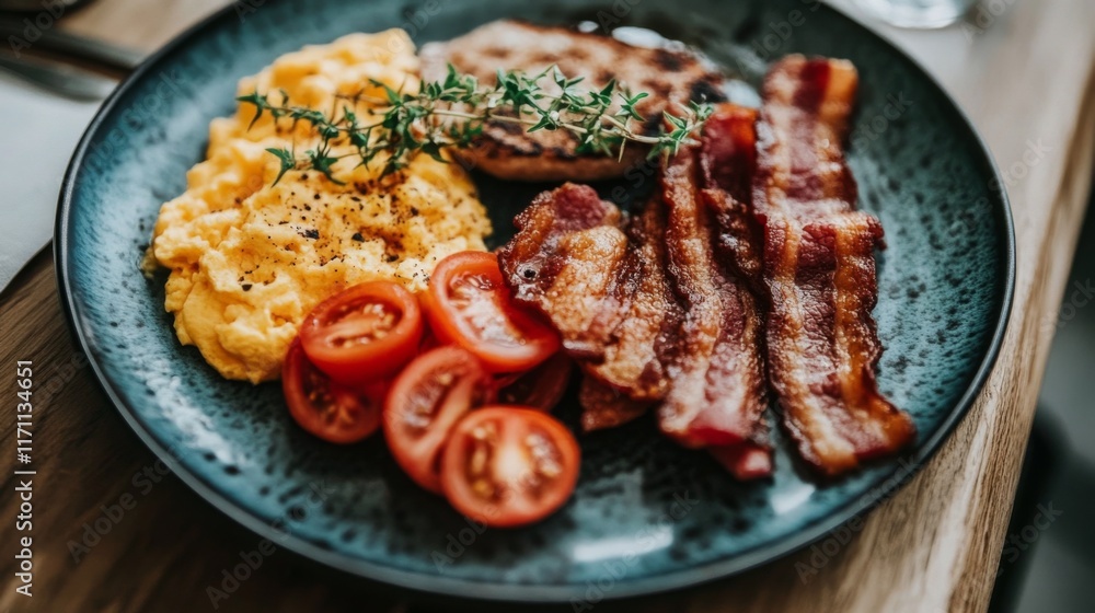 Poster A plate of bacon next to scrambled eggs and freshly sliced tomatoes, creating a hearty breakfast spread on a wooden table.