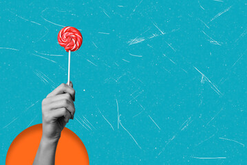 Modern art collage depicting a hand with a lollipop on a blue background with copy space.