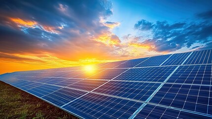 A photovoltaic solar panel under the sunset sky, with sunlight shining on it and reflecting off its surface.