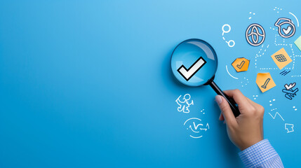 Quality Control and Certification Assurance Concept. Hand holding magnifying glass over checkmark symbol, alongside icons representing quality control, certification, and assurance on blue background.