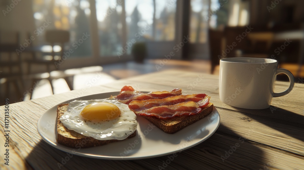 Poster A plate of crispy bacon next to a slice of buttered toast and a fried egg, creating a hearty breakfast spread on a wooden table.