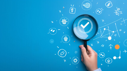 Quality Control and Certification Assurance Concept. Hand holding magnifying glass over checkmark symbol, alongside icons representing quality control, certification, and assurance on blue background.