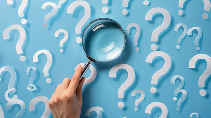 Question Mark and Root Cause Analysis Concept. A hand holding a magnifying glass over a large question mark surrounded by smaller ones on a blue background, symbolizing analysis and problem-solving.