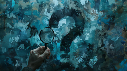 Question Mark and Root Cause Analysis Concept. A hand holding a magnifying glass over a large question mark surrounded by smaller ones on a blue background, symbolizing analysis and problem-solving.