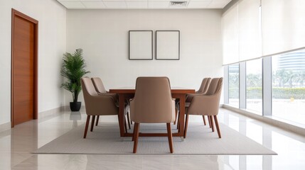 Fototapeta premium Modern office interior design featuring a spacious table and elegant chairs