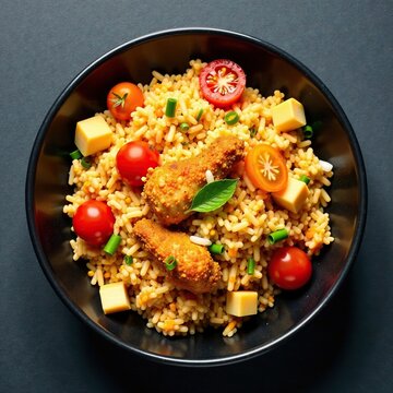 Spicy chicken bryani fried rice mixed with diced tomatoes and onions, onions, chicken fried rice