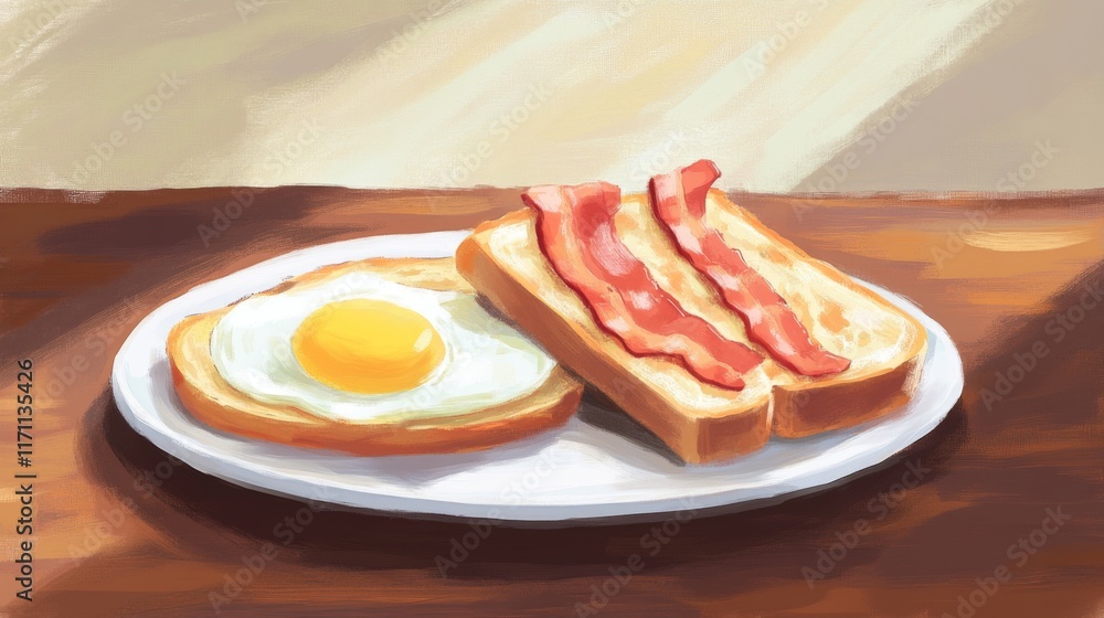 Poster A plate of crispy bacon next to a slice of buttered toast and a fried egg, creating a hearty breakfast spread on a wooden table.