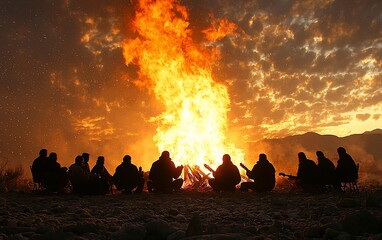 Silhouetted figures gather around a large bonfire at sunset.