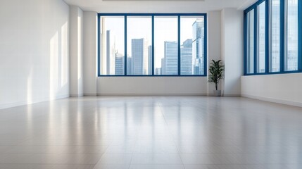Fototapeta premium Sunlight streaming into empty modern office space with skyline view