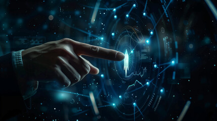 Startup business and investment concept. Businessman is touching the growing business graph. Planning and starting corporate business start up, Rocket icon soars with speed to hit the growth target. 