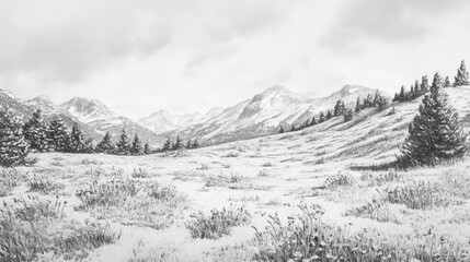 Obraz premium Snowy Mountain Landscape With Winter Trees and Grass