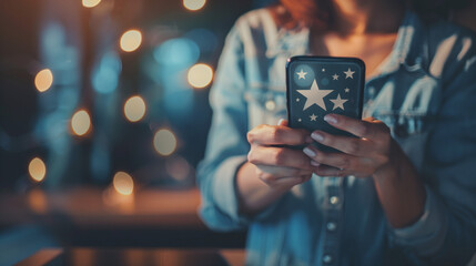 User give rating to service excellent experience on mobile phone application, Client evaluate quality of service reputation ranking of business. Customer review satisfaction feedback survey concept. -