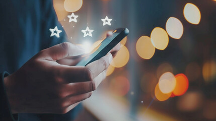 User give rating to service excellent experience on mobile phone application, Client evaluate quality of service reputation ranking of business. Customer review satisfaction feedback survey concept. -