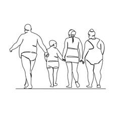 One continuous single drawing line art flat doodle fat family on the beach, gluttony, disease, food culture, medicine, rest. Isolated image hand draw contour on a white background, hand drawn