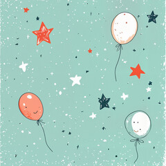Background with the image of a starry sky, cute hand-drawn stars and balloons, light and joyful, against a mint green backdrop with copy space.