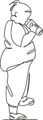 One continuous single drawing line art flat doodle fat girl drinks lemonade, food, gluttony, culture nutrition, medicine. Isolated image hand draw contour on a white background, hand drawn
