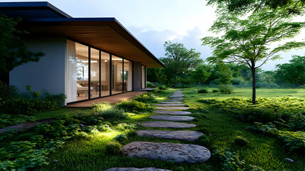 Obraz premium Modern house, dusk lighting, garden path, green landscape, peaceful retreat, architectural design, stock photo